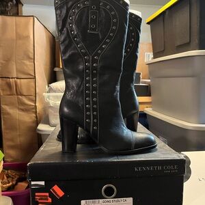 Kenneth Cole New York Black Heeled Boots with Tall Shaft